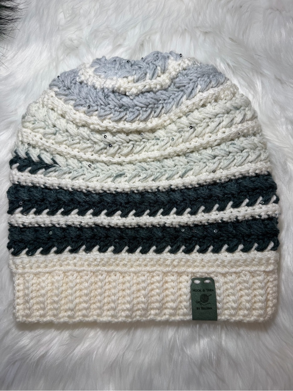 Chunky Crochet Beanie Hat in Ivory, Light Gray & Charcoal